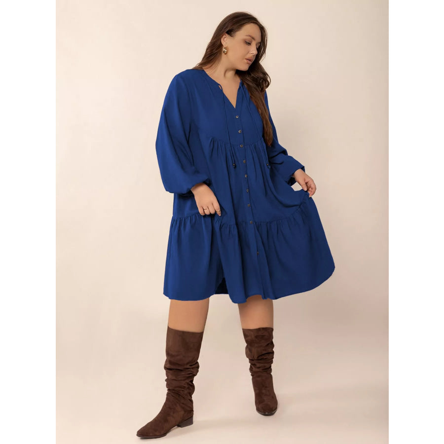 Plus Size Tie Neck Balloon Sleeve Dress Apparel and Accessories
