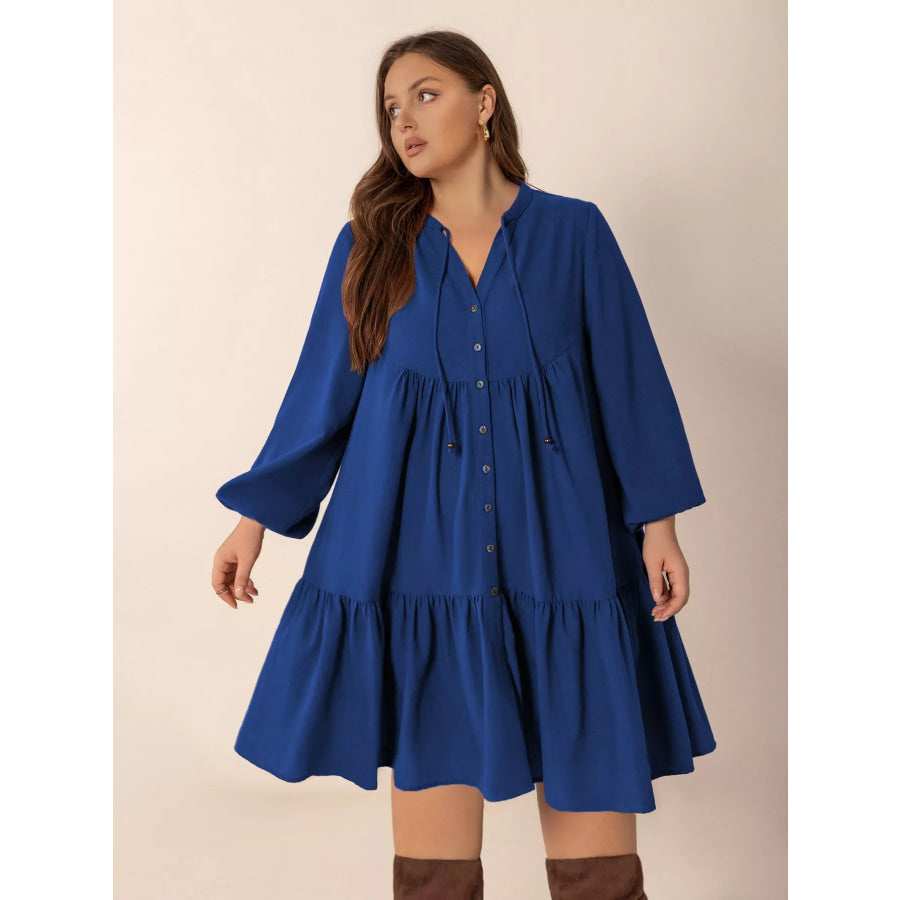 Plus Size Tie Neck Balloon Sleeve Dress Dark Blue / 0XL Apparel and Accessories