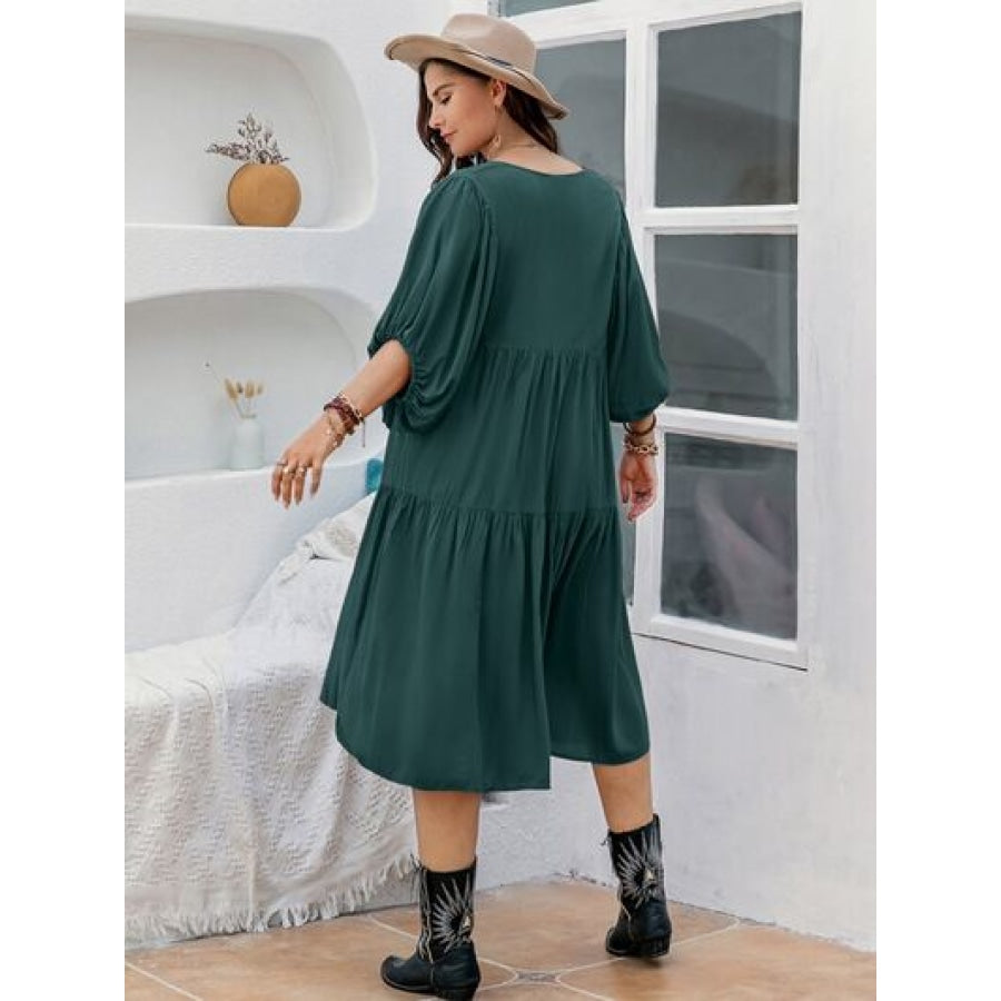 Plus Size Tie Neck Balloon Sleeve Midi Dress Green / 0XL Clothing