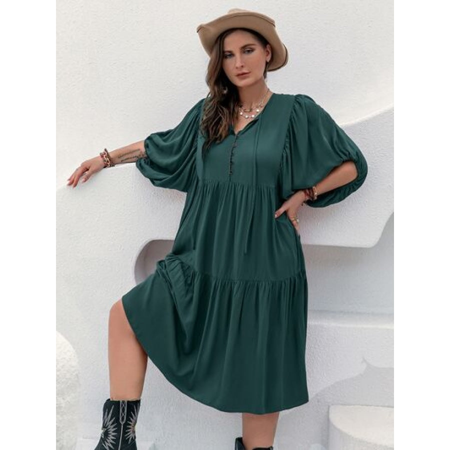 Plus Size Tie Neck Balloon Sleeve Midi Dress Green / 0XL Clothing