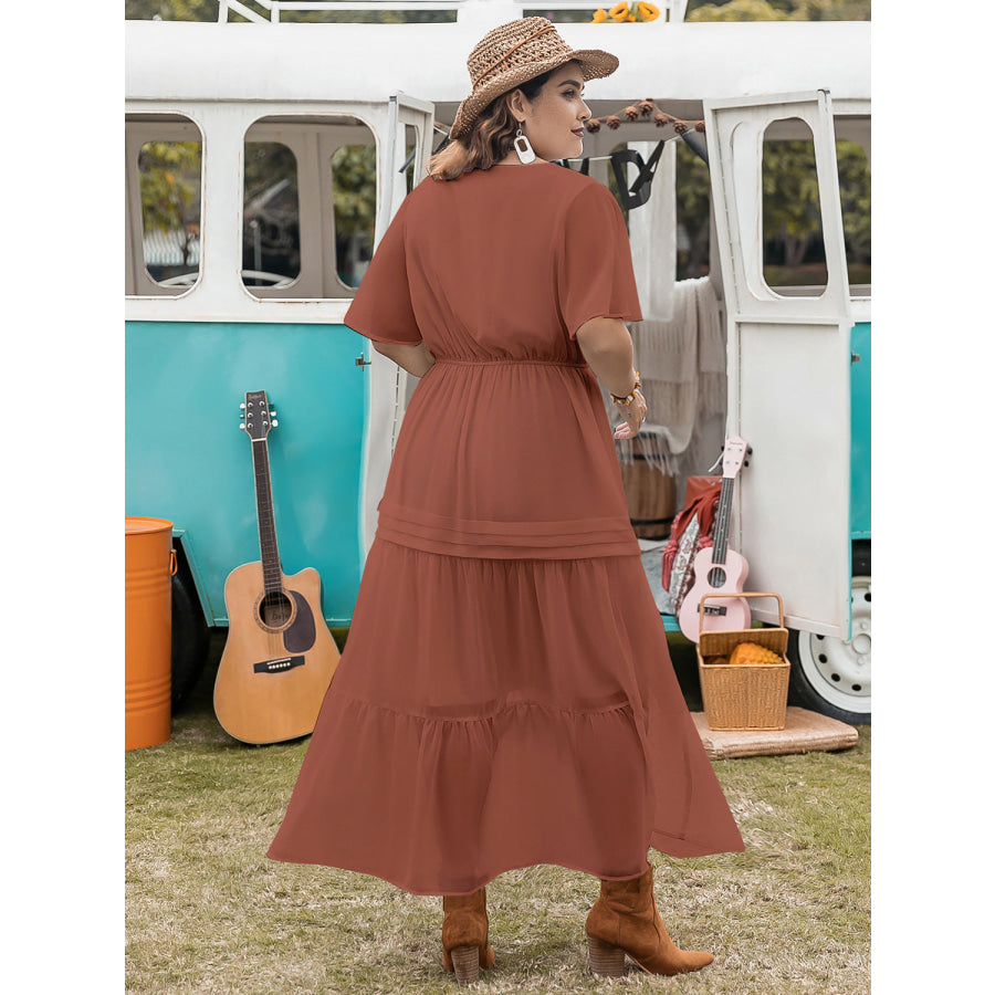 Plus Size Tie Neck Flutter Sleeve Midi Dress Rust / 0XL Apparel and Accessories