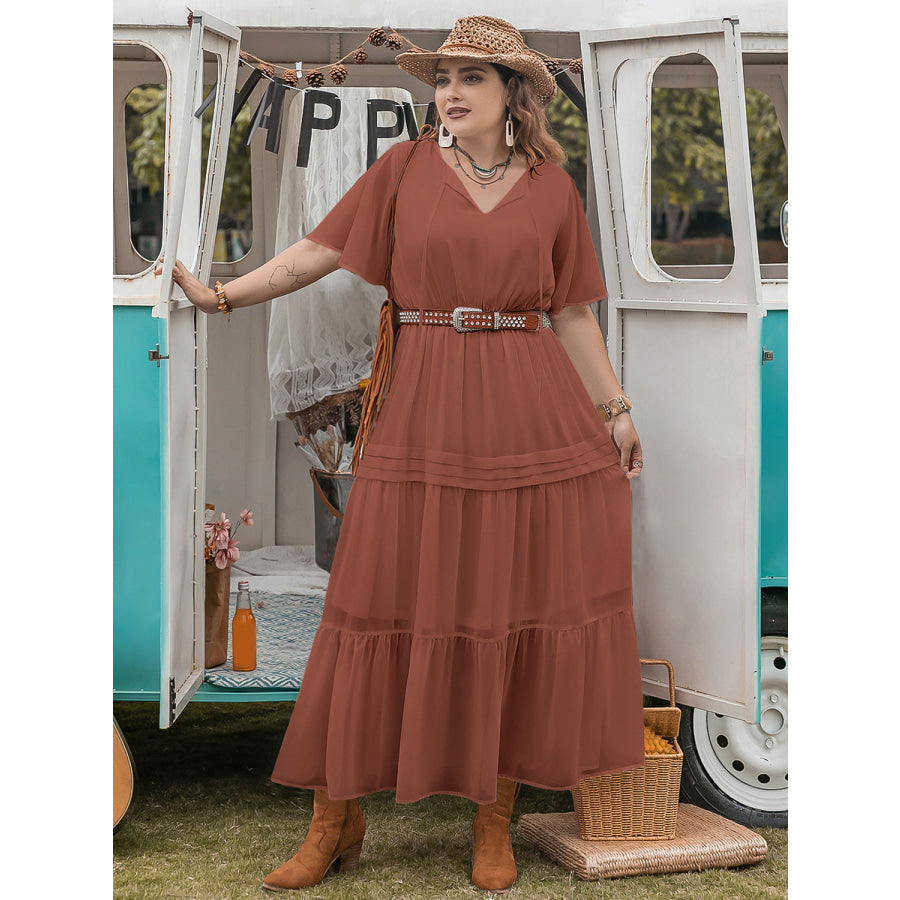 Plus Size Tie Neck Flutter Sleeve Midi Dress Rust / 0XL Apparel and Accessories