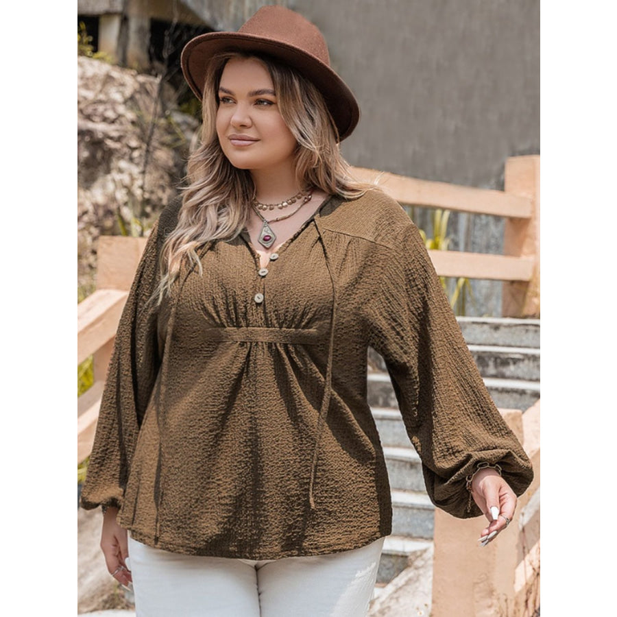 Plus Size Tie Neck Long Sleeve Blouse Apparel and Accessories