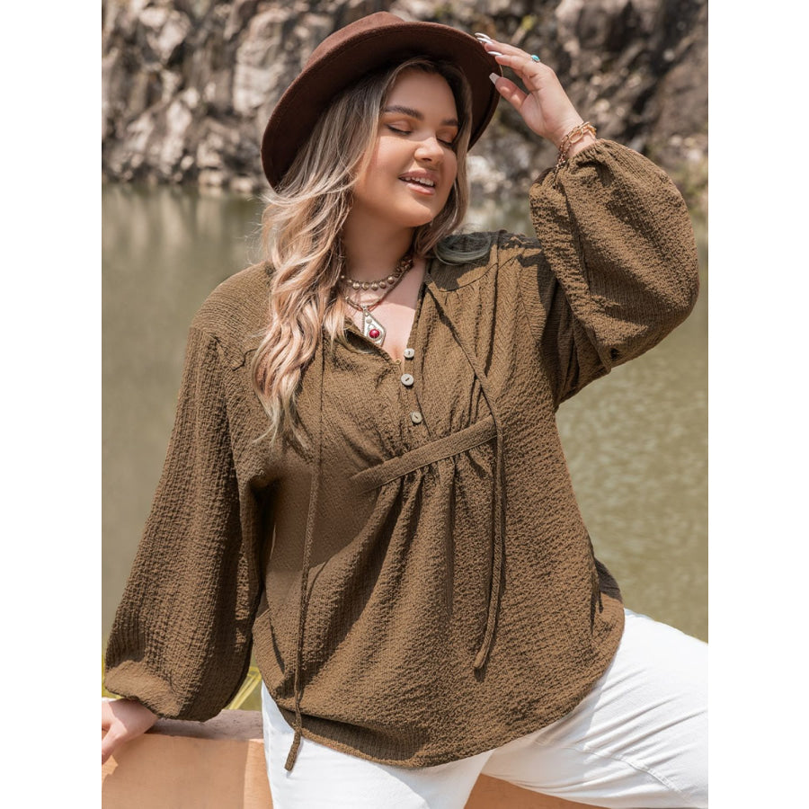 Plus Size Tie Neck Long Sleeve Blouse Apparel and Accessories