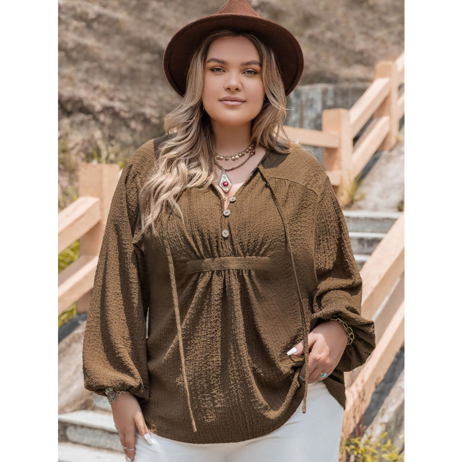 Plus Size Tie Neck Long Sleeve Blouse Coffee Brown / 0XL Apparel and Accessories