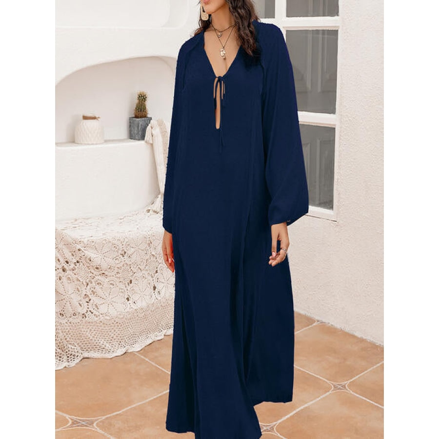 Plus Size Tie Neck Long Sleeve Slit Dress Clothing