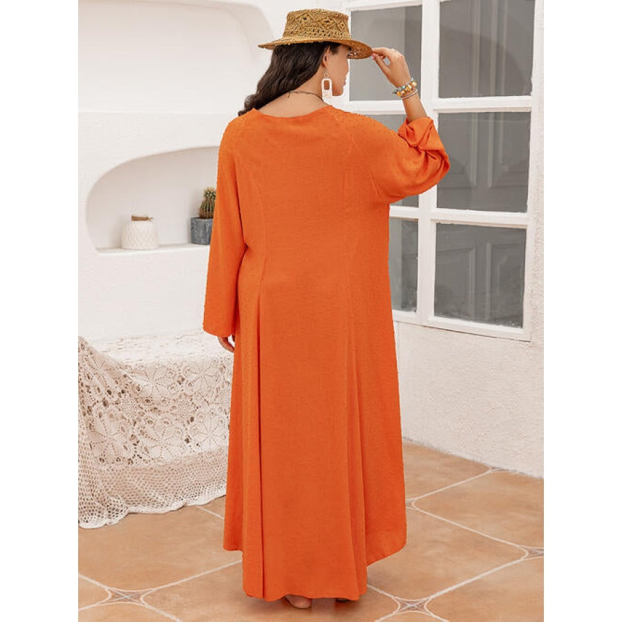 Plus Size Tie Neck Long Sleeve Slit Dress Orange / 0XL Clothing