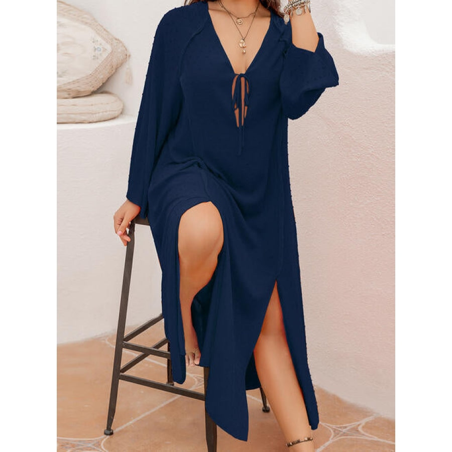 Plus Size Tie Neck Long Sleeve Slit Dress Clothing