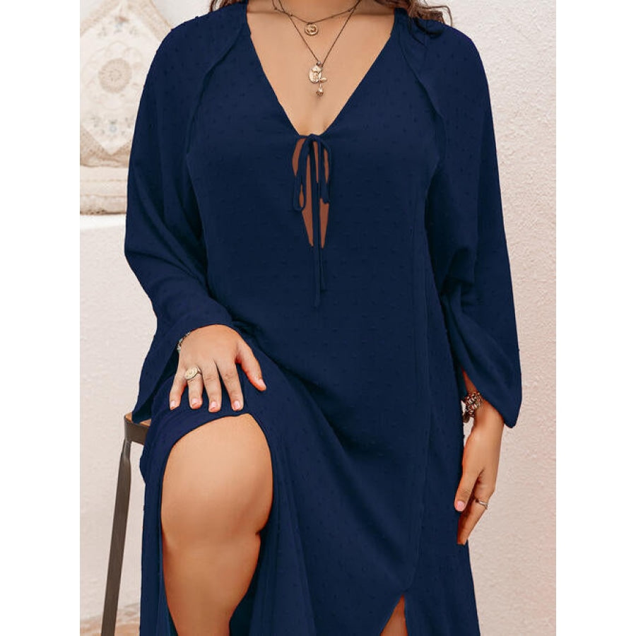 Plus Size Tie Neck Long Sleeve Slit Dress Clothing