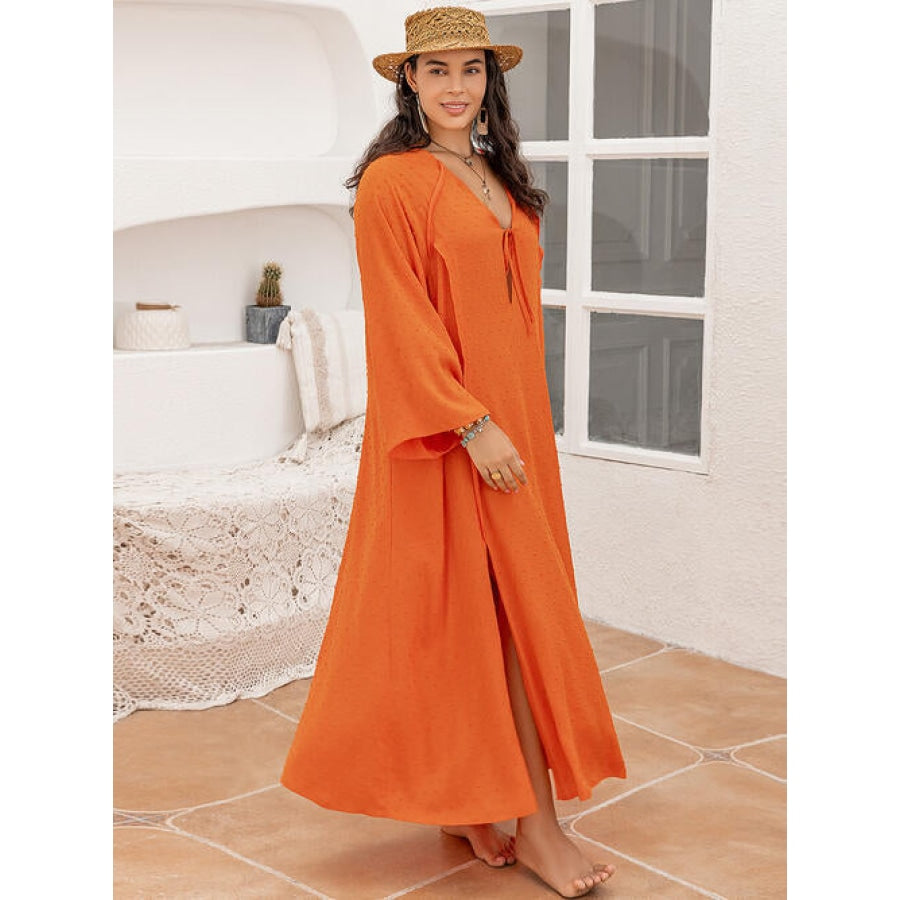 Plus Size Tie Neck Long Sleeve Slit Dress Clothing