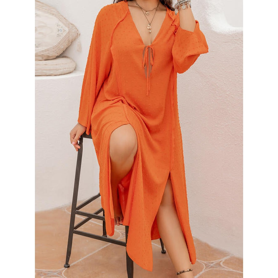 Plus Size Tie Neck Long Sleeve Slit Dress Clothing