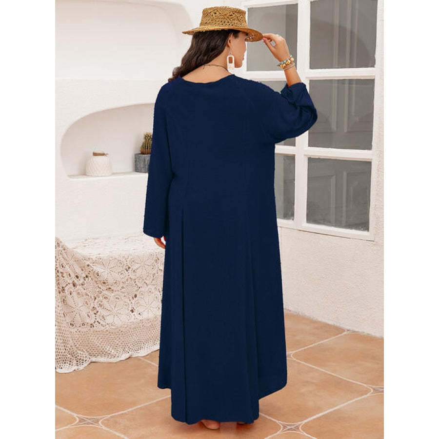 Plus Size Tie Neck Long Sleeve Slit Dress Clothing