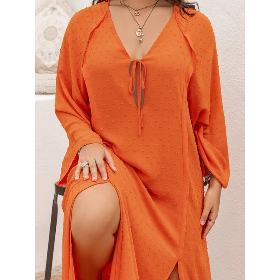 Plus Size Tie Neck Long Sleeve Slit Dress Clothing