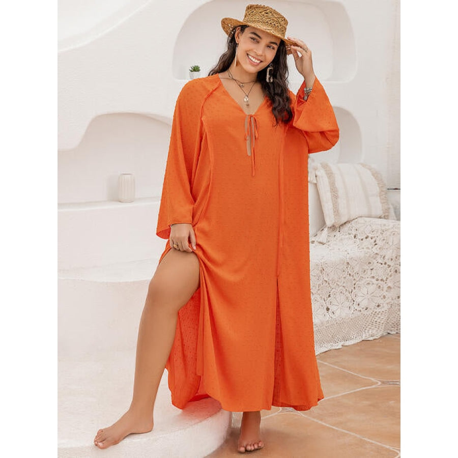 Plus Size Tie Neck Long Sleeve Slit Dress Orange / 0XL Clothing