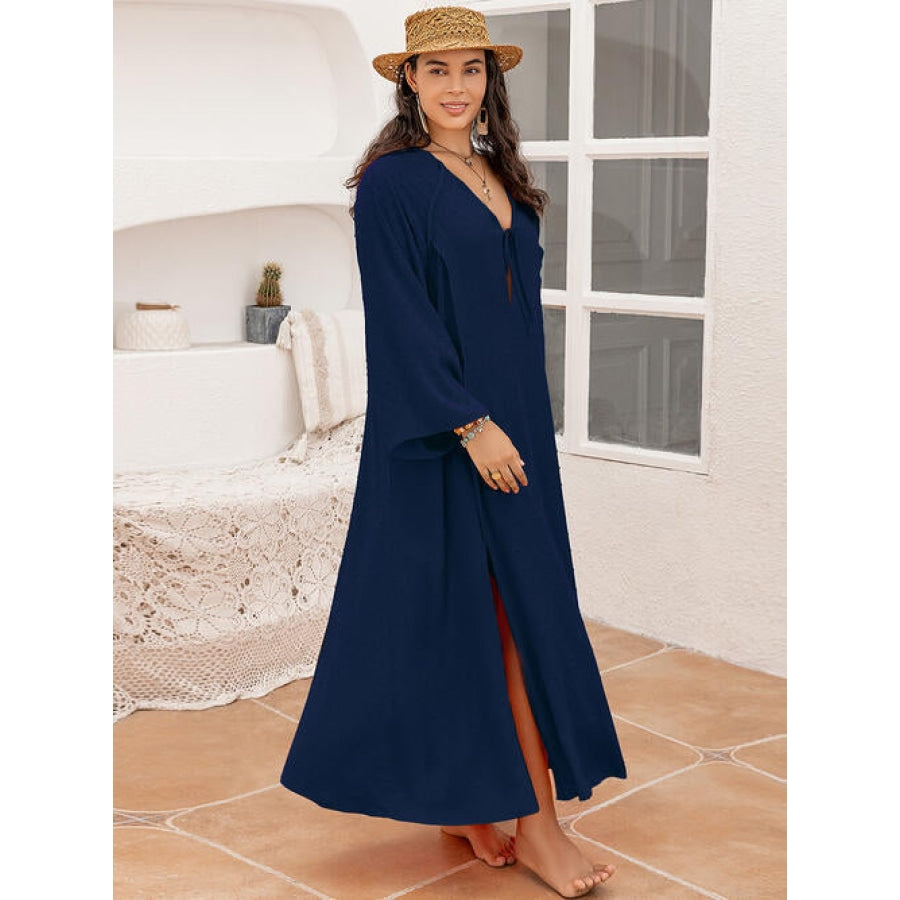 Plus Size Tie Neck Long Sleeve Slit Dress Peacock Blue / 0XL Clothing