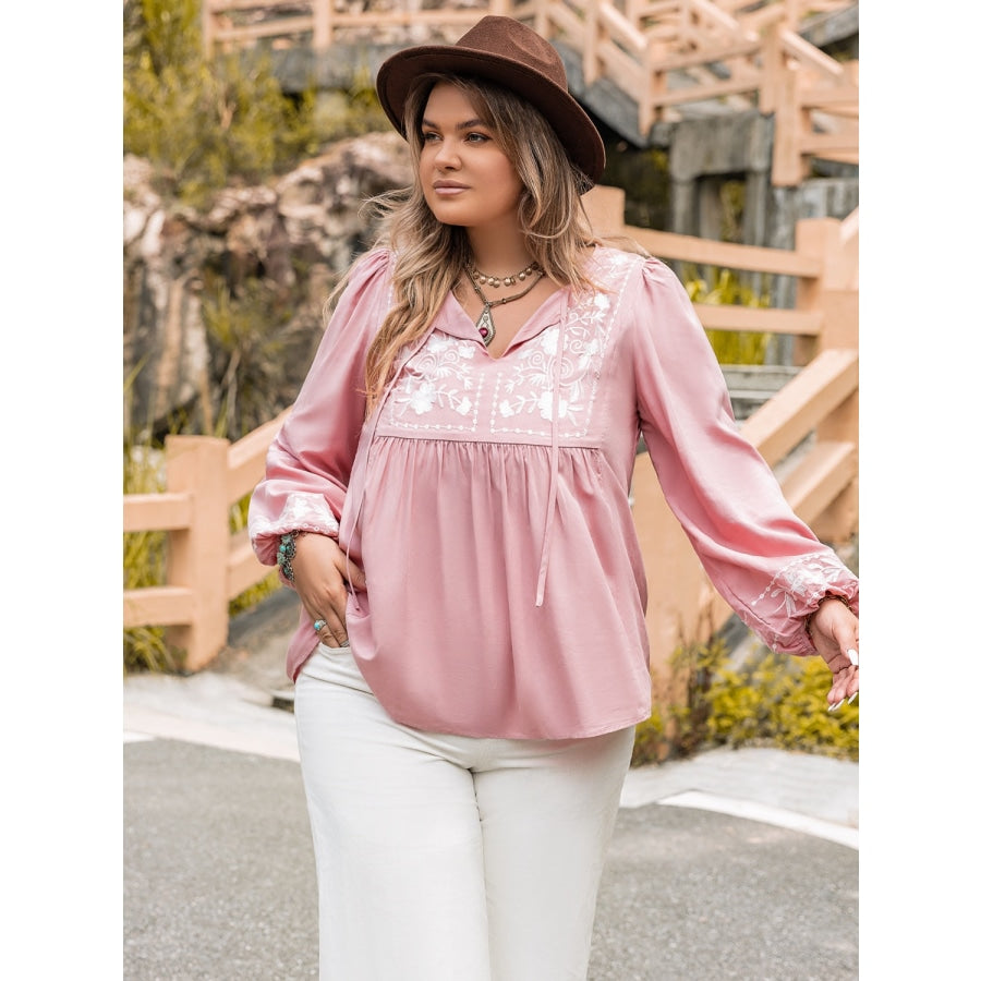 Plus Size Tie Neck Puff Sleeve Blouse Carnation Pink / 0XL