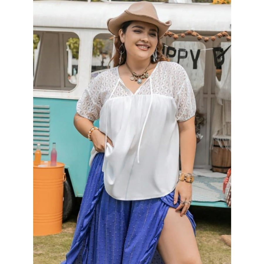 Plus Size Tie Neck Short Sleeve Blouse Apparel and Accessories