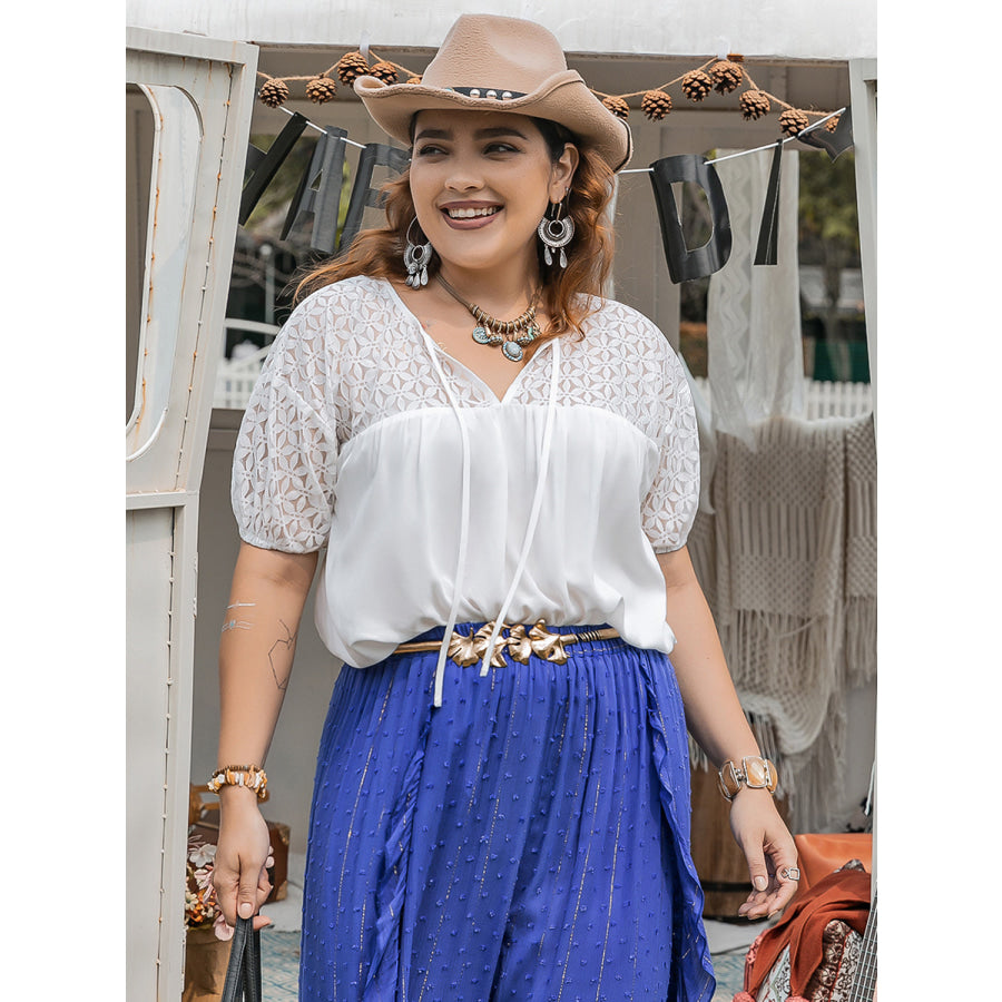 Plus Size Tie Neck Short Sleeve Blouse Apparel and Accessories