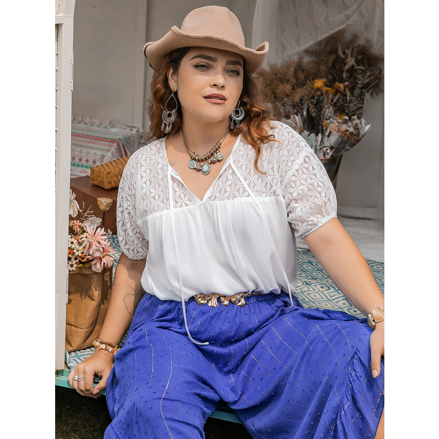 Plus Size Tie Neck Short Sleeve Blouse White / 0XL Apparel and Accessories