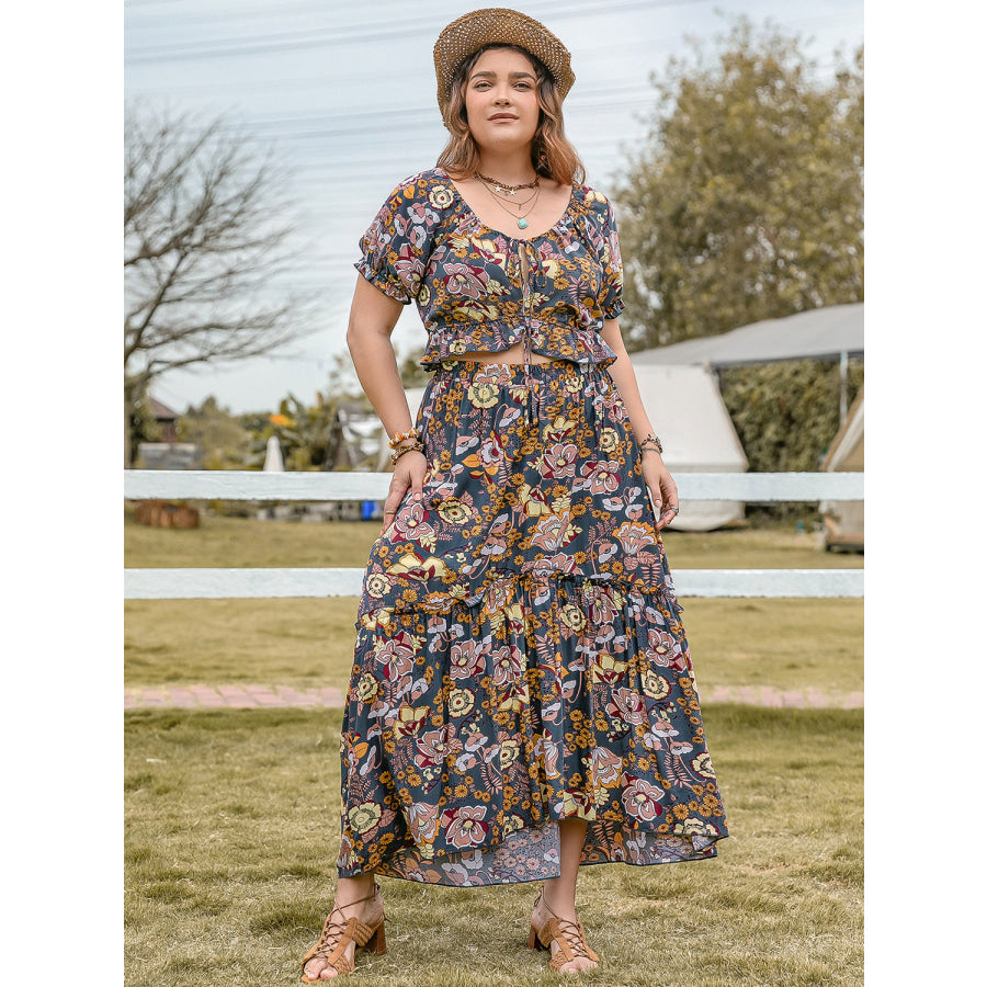 Plus Size Tie Neck Short Sleeve Top and Skirt Set Apparel and Accessories