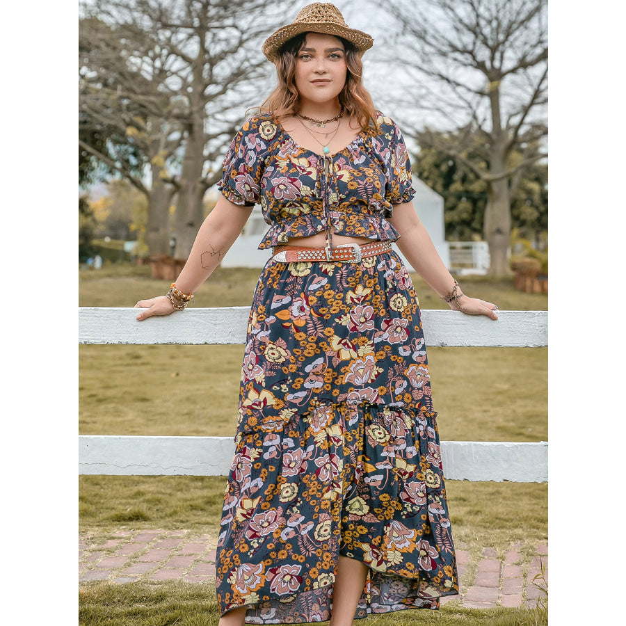 Plus Size Tie Neck Short Sleeve Top and Skirt Set Multicolor / 0XL Apparel and Accessories