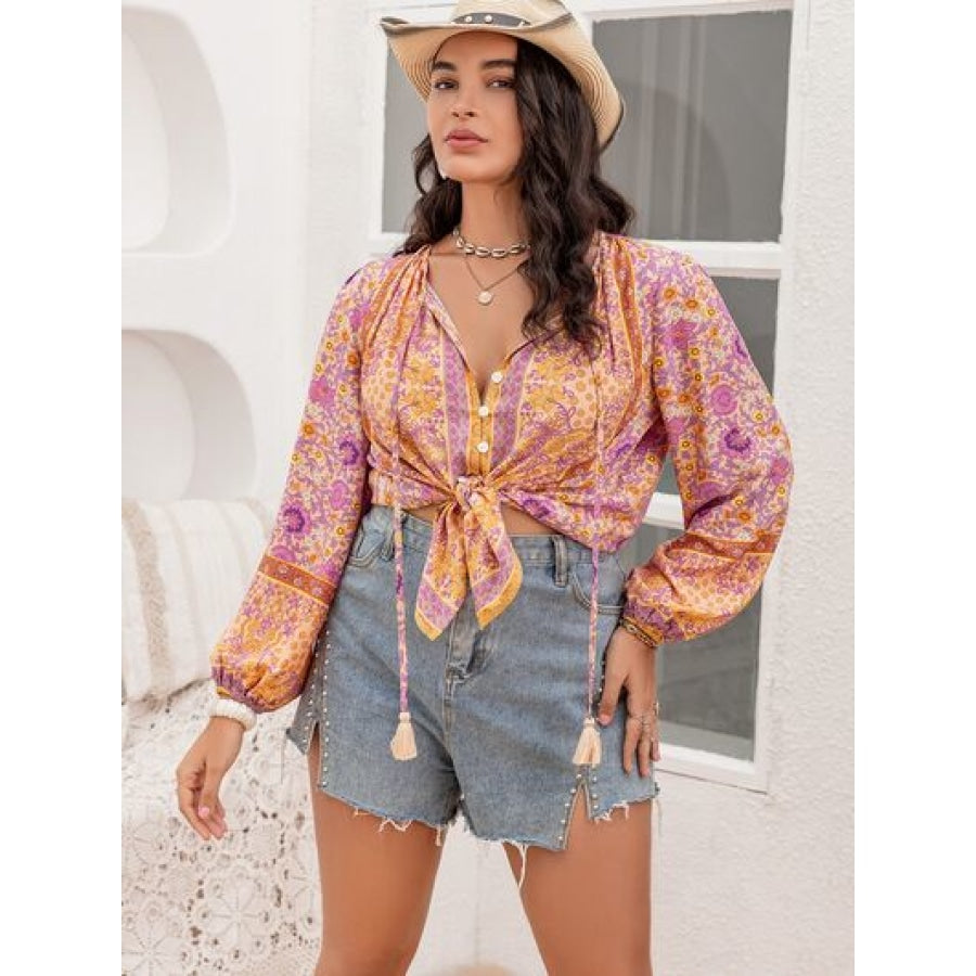 Plus Size Tie Neck Tassel Printed Blouse Clothing