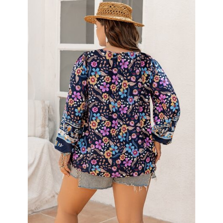 Plus Size Tie Neck Tassel Printed Blouse Clothing