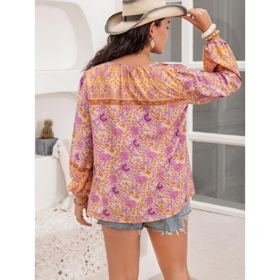 Plus Size Tie Neck Tassel Printed Blouse Clothing