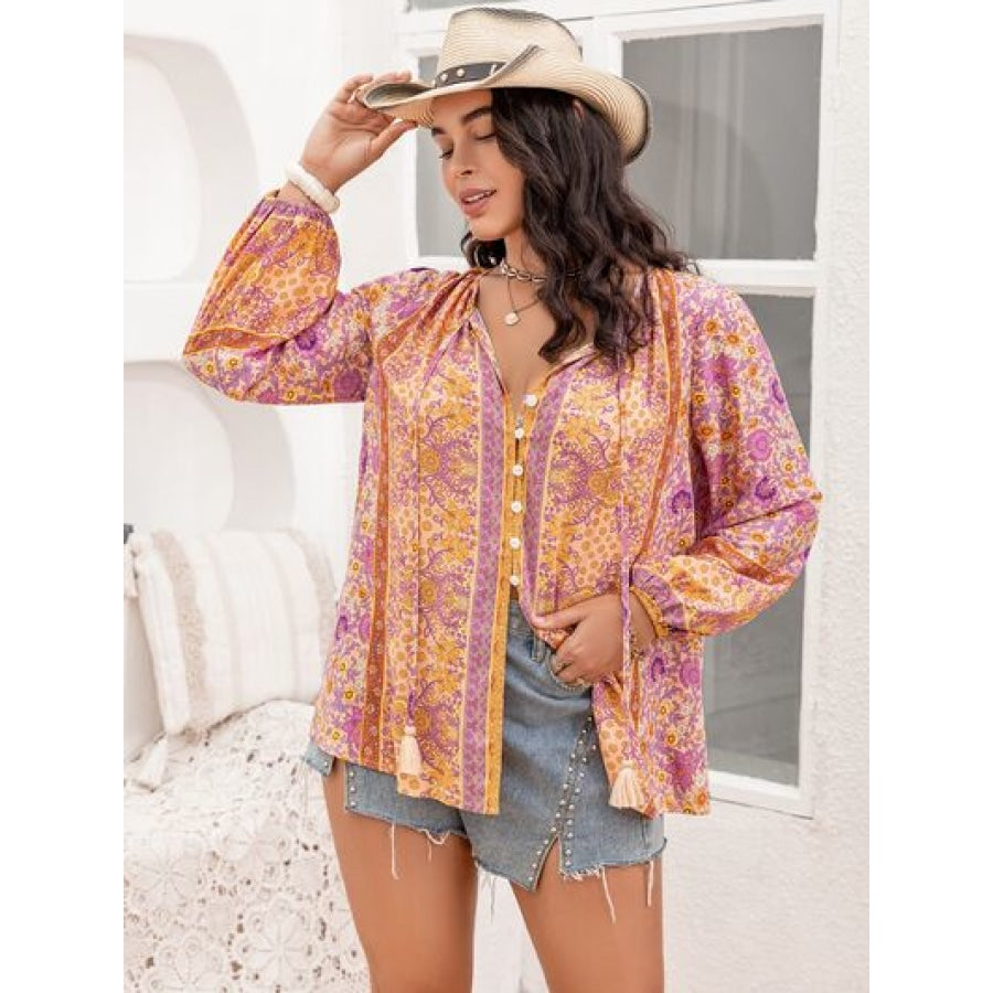 Plus Size Tie Neck Tassel Printed Blouse Clothing