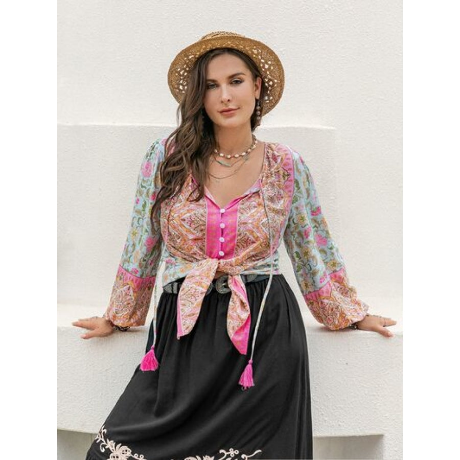 Plus Size Tie Neck Tassel Printed Blouse Clothing