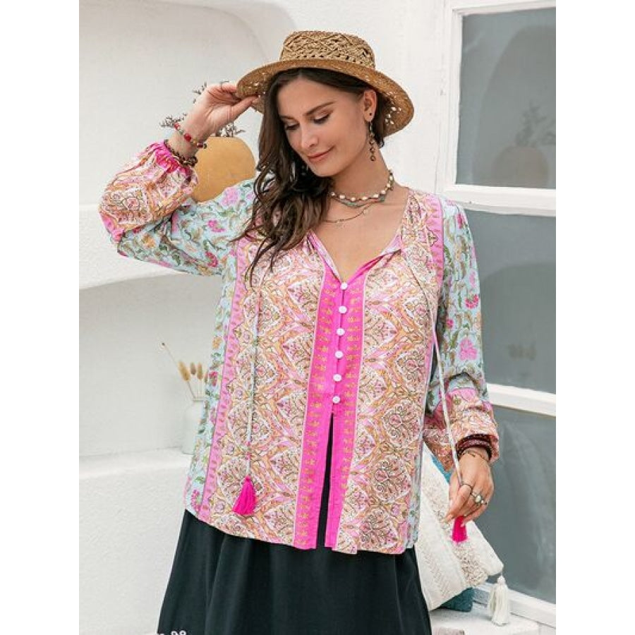 Plus Size Tie Neck Tassel Printed Blouse Floral / 0XL Clothing