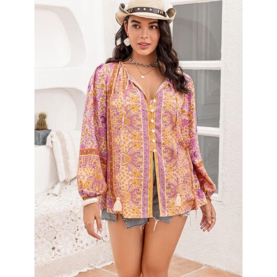 Plus Size Tie Neck Tassel Printed Blouse Multicolor / 0XL Clothing