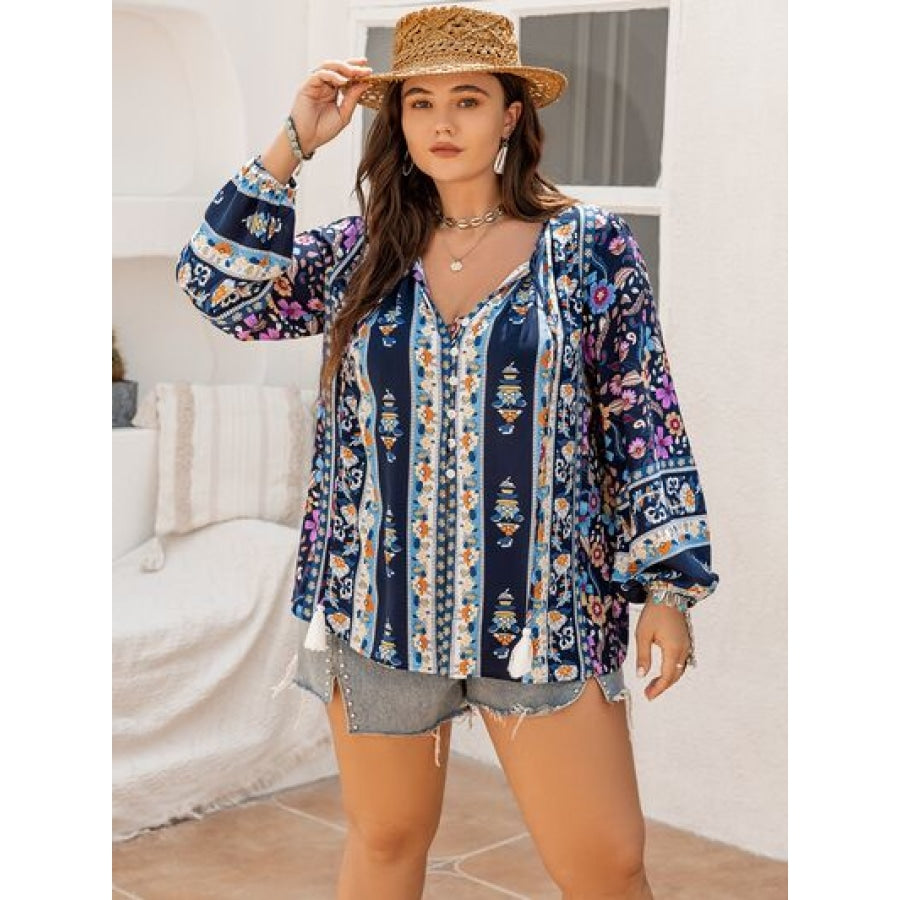 Plus Size Tie Neck Tassel Printed Blouse Navy / 0XL Clothing