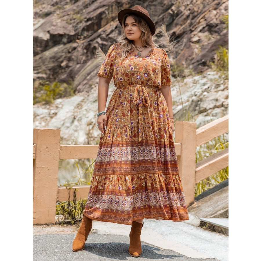 Plus Size Tie Waist Puff Sleeve Dress Ochre / 0XL