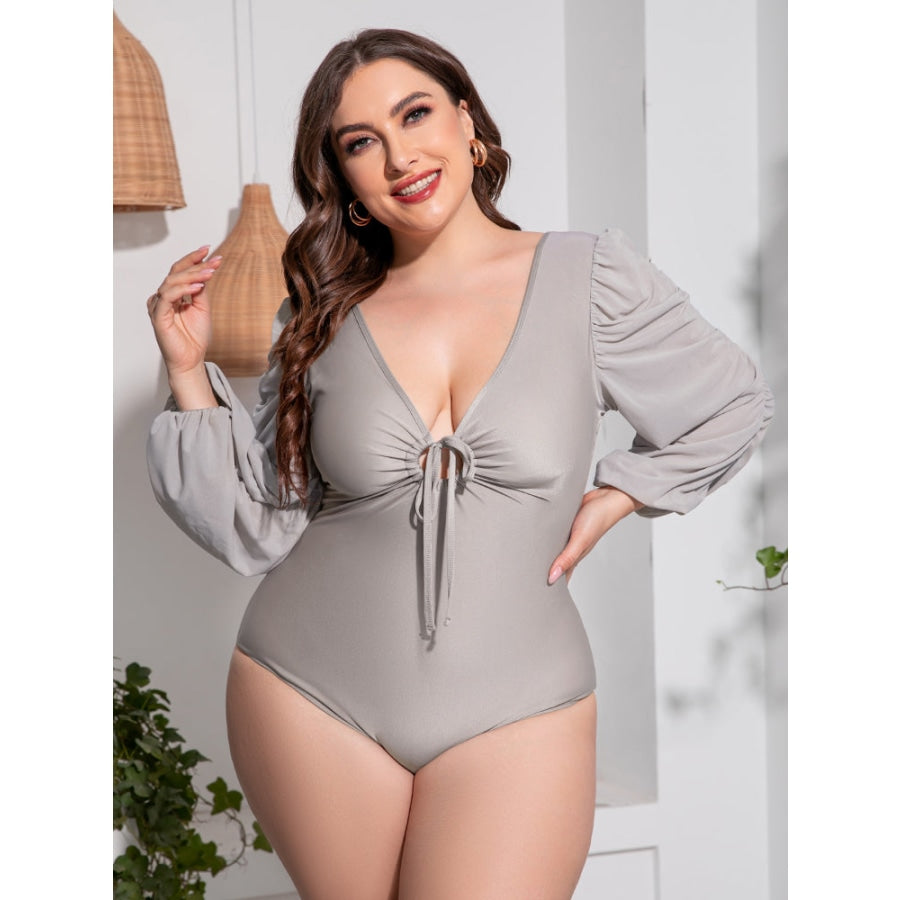 Plus Size Tied Deep V Balloon Sleeve One-Piece Swimsuit Light Gray / 2XL