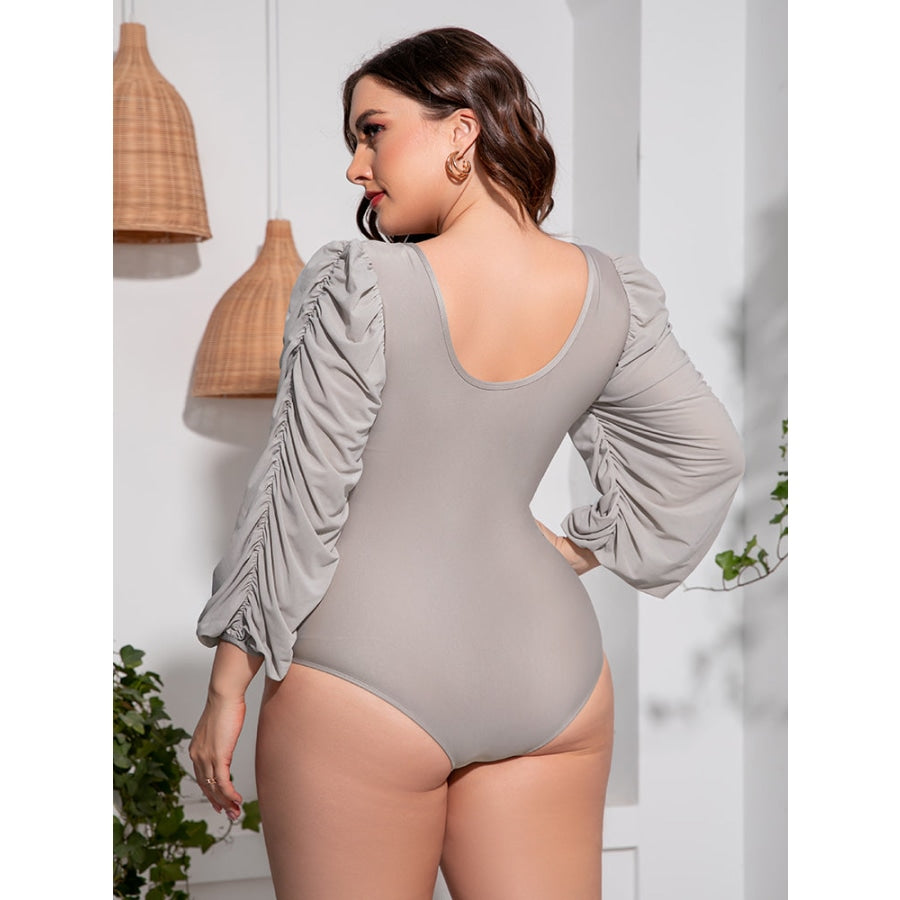 Plus Size Tied Deep V Balloon Sleeve One-Piece Swimsuit