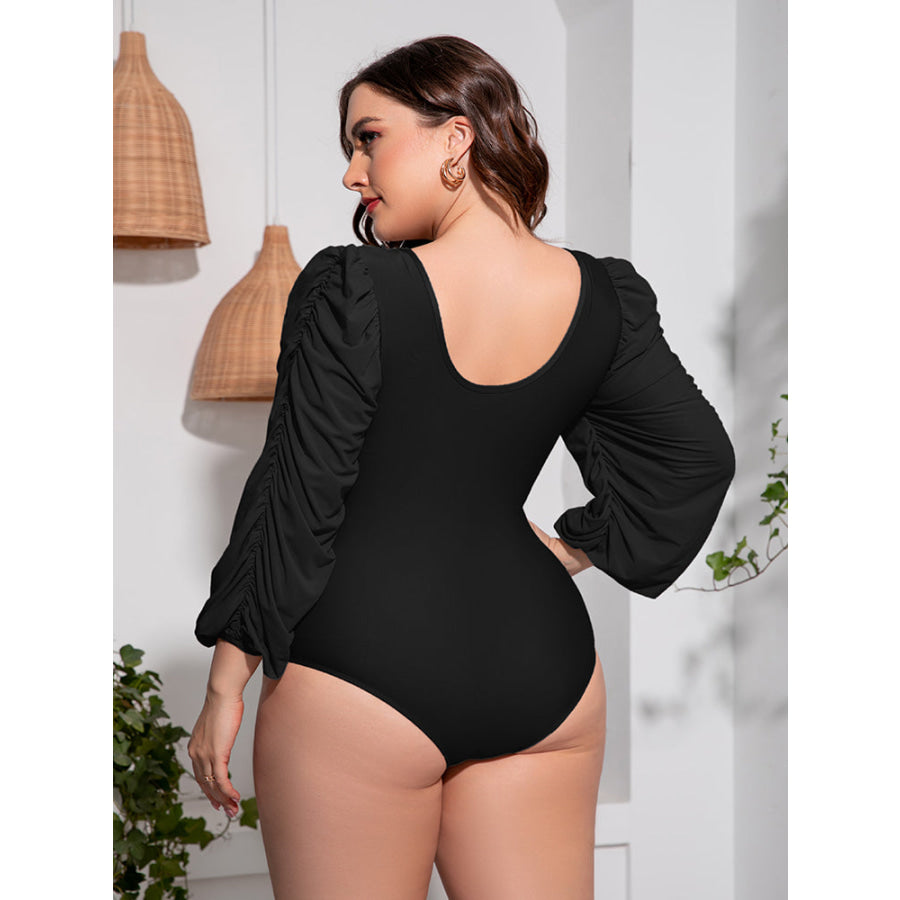 Plus Size Tied Deep V Balloon Sleeve One-Piece Swimsuit