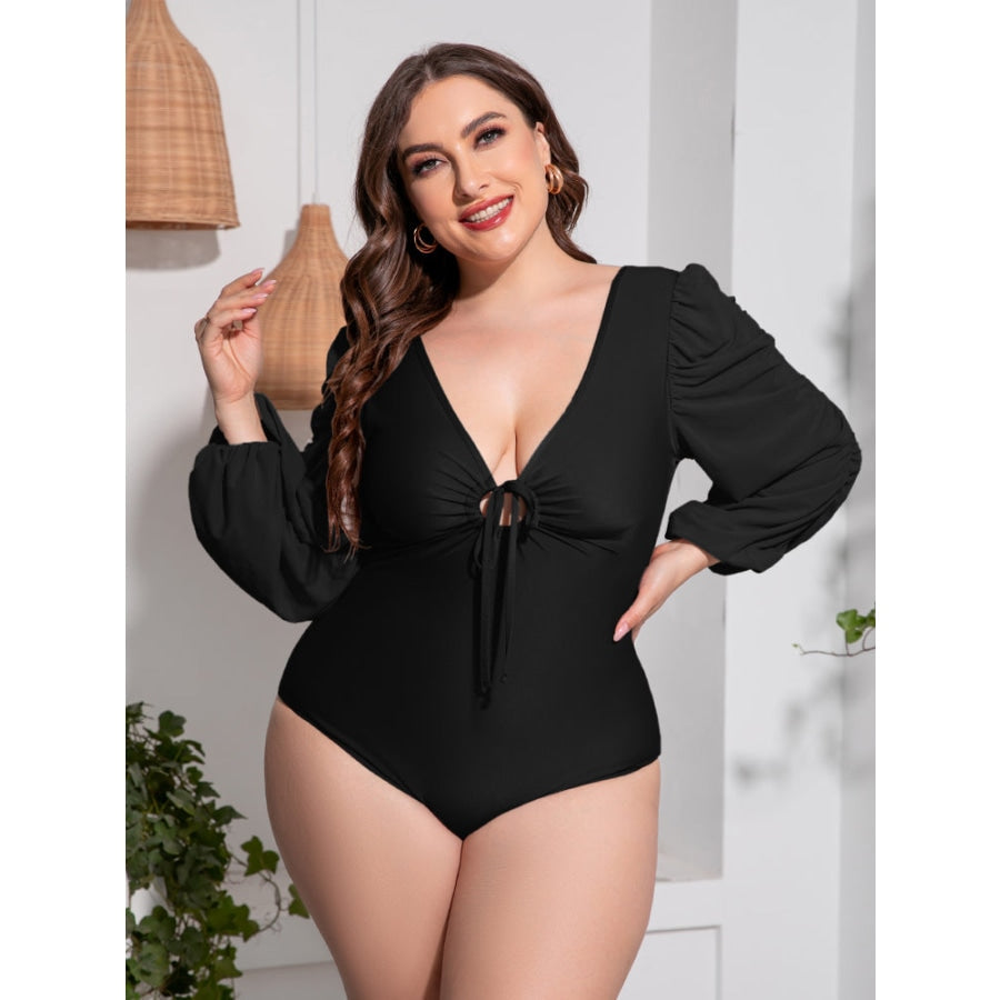 Plus Size Tied Deep V Balloon Sleeve One-Piece Swimsuit