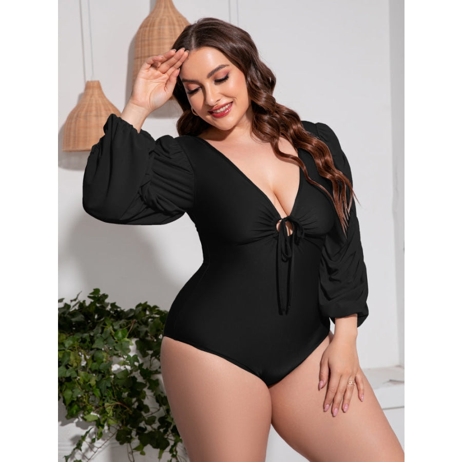 Plus Size Tied Deep V Balloon Sleeve One-Piece Swimsuit