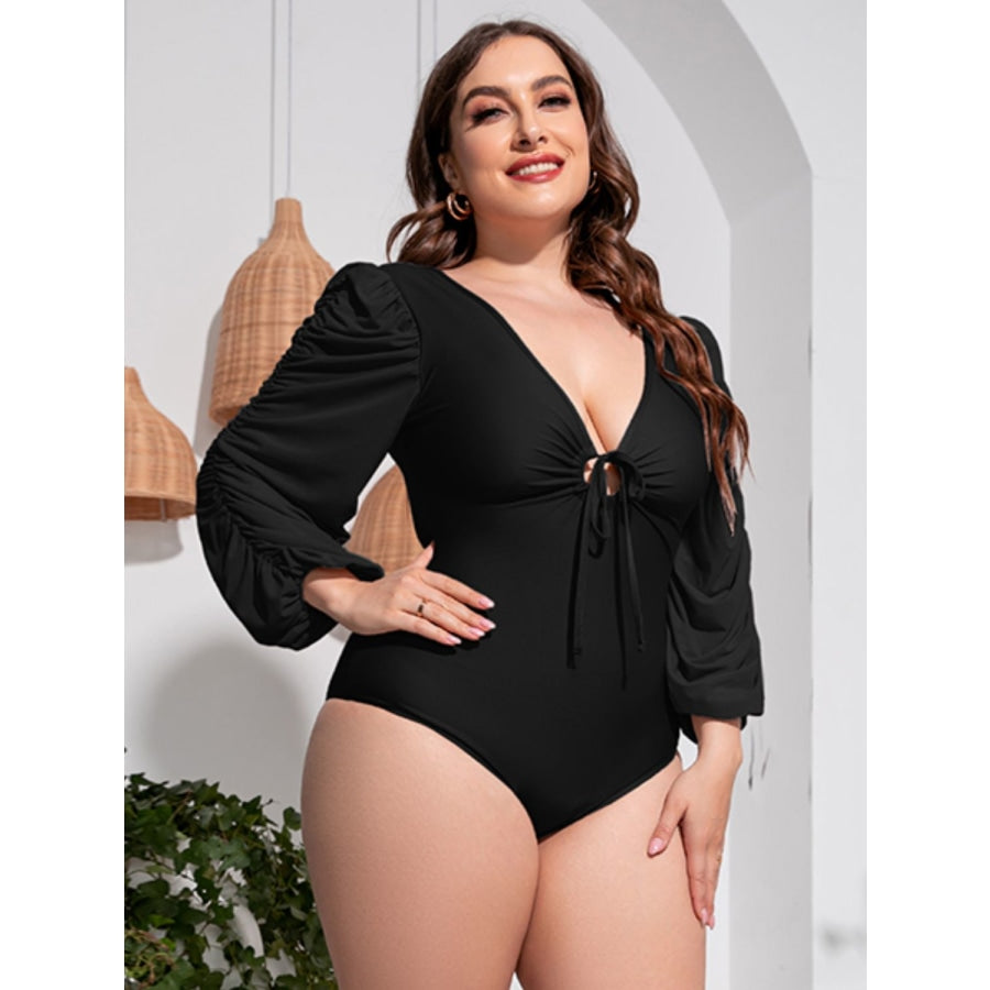 Plus Size Tied Deep V Balloon Sleeve One-Piece Swimsuit