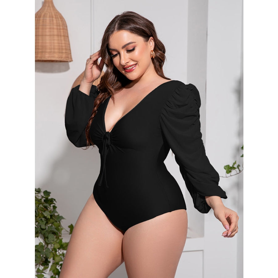 Plus Size Tied Deep V Balloon Sleeve One-Piece Swimsuit