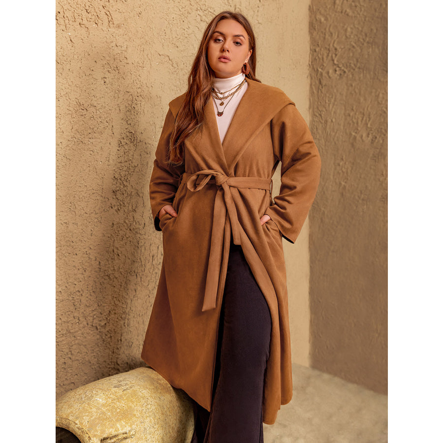 Plus Size Tied Long Sleeve Hooded Coat with Pockets Apparel and Accessories