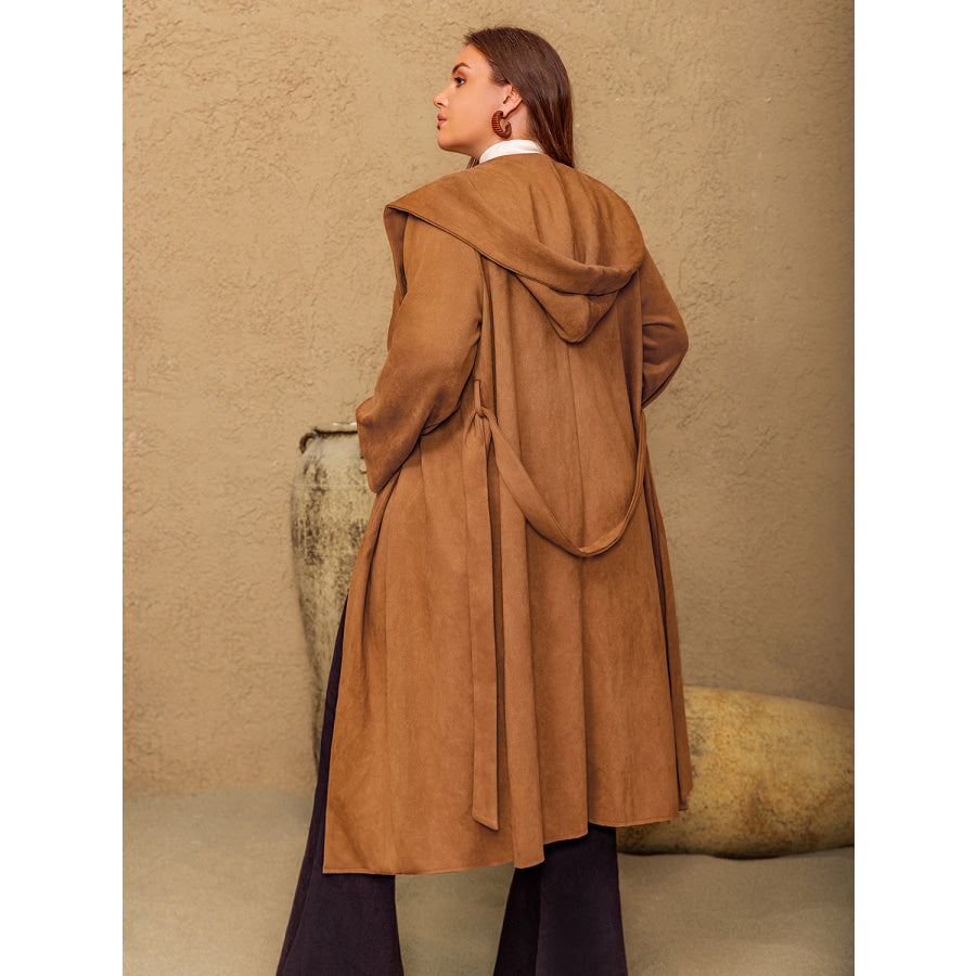 Plus Size Tied Long Sleeve Hooded Coat with Pockets Caramel / 0XL Apparel and Accessories