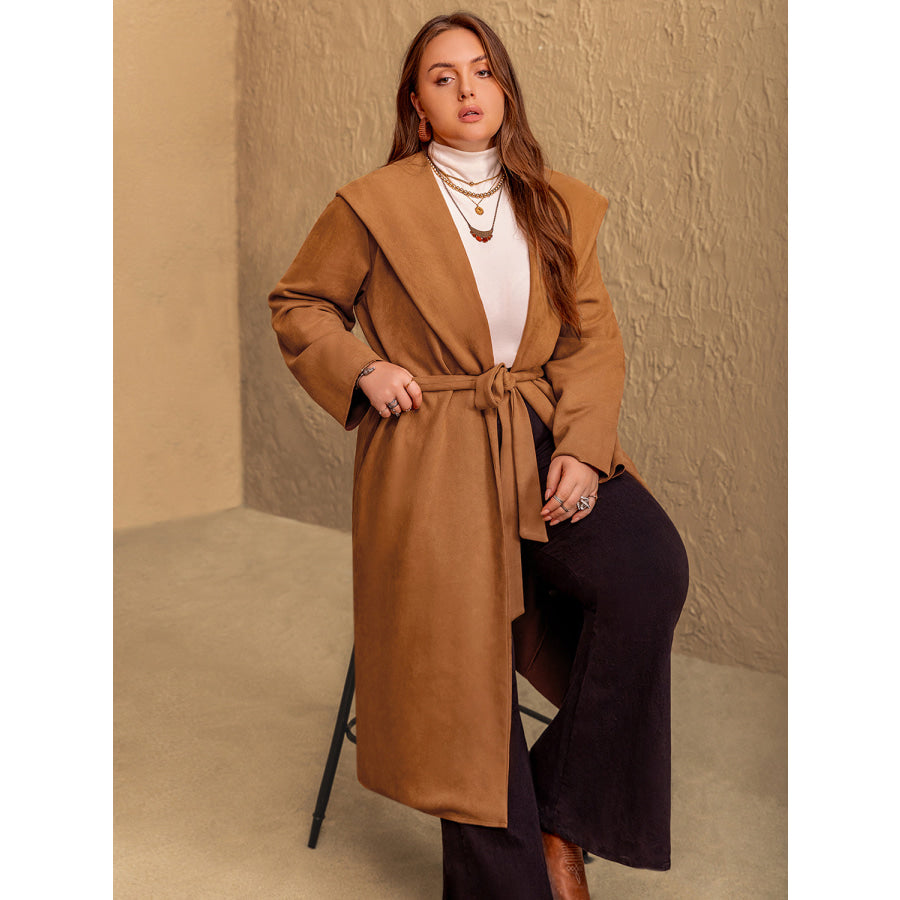 Plus Size Tied Long Sleeve Hooded Coat with Pockets Apparel and Accessories