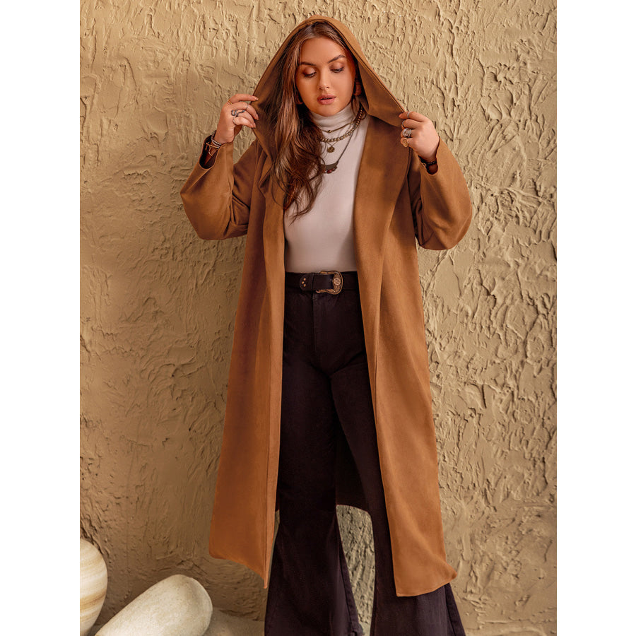 Plus Size Tied Long Sleeve Hooded Coat with Pockets Caramel / 0XL Apparel and Accessories