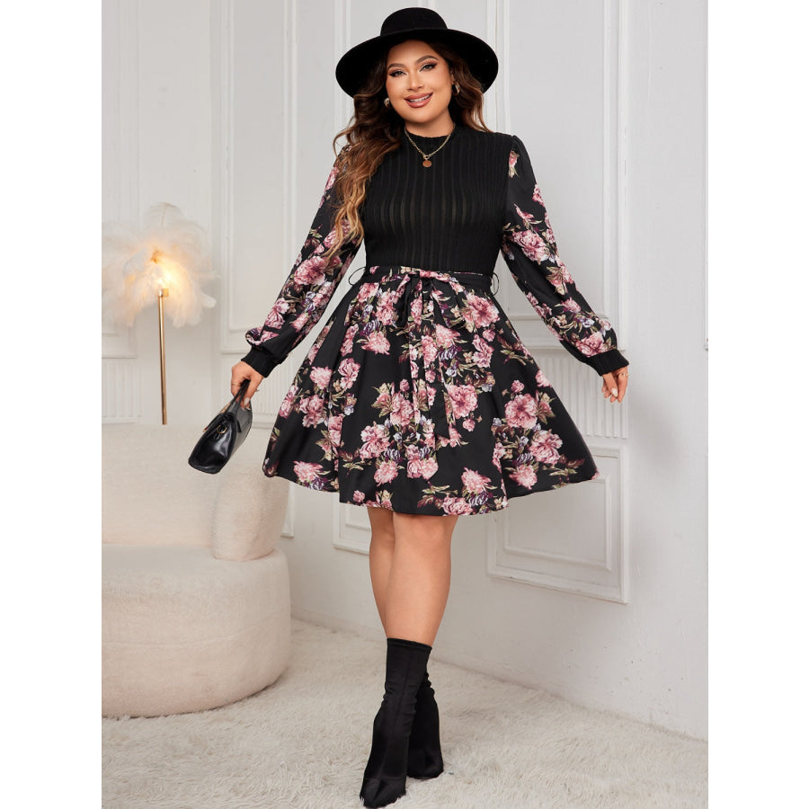 Plus Size Tied Printed Long Sleeve Dress Apparel and Accessories