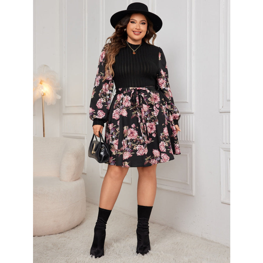 Plus Size Tied Printed Long Sleeve Dress Apparel and Accessories