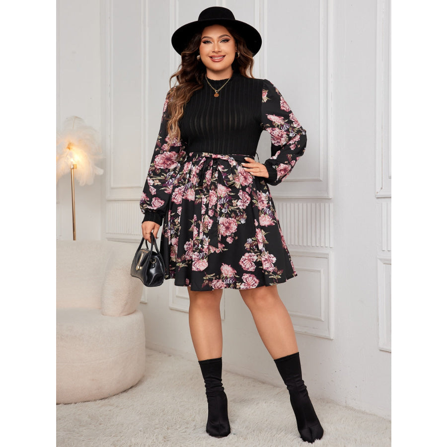 Plus Size Tied Printed Long Sleeve Dress Black / 1XL Apparel and Accessories