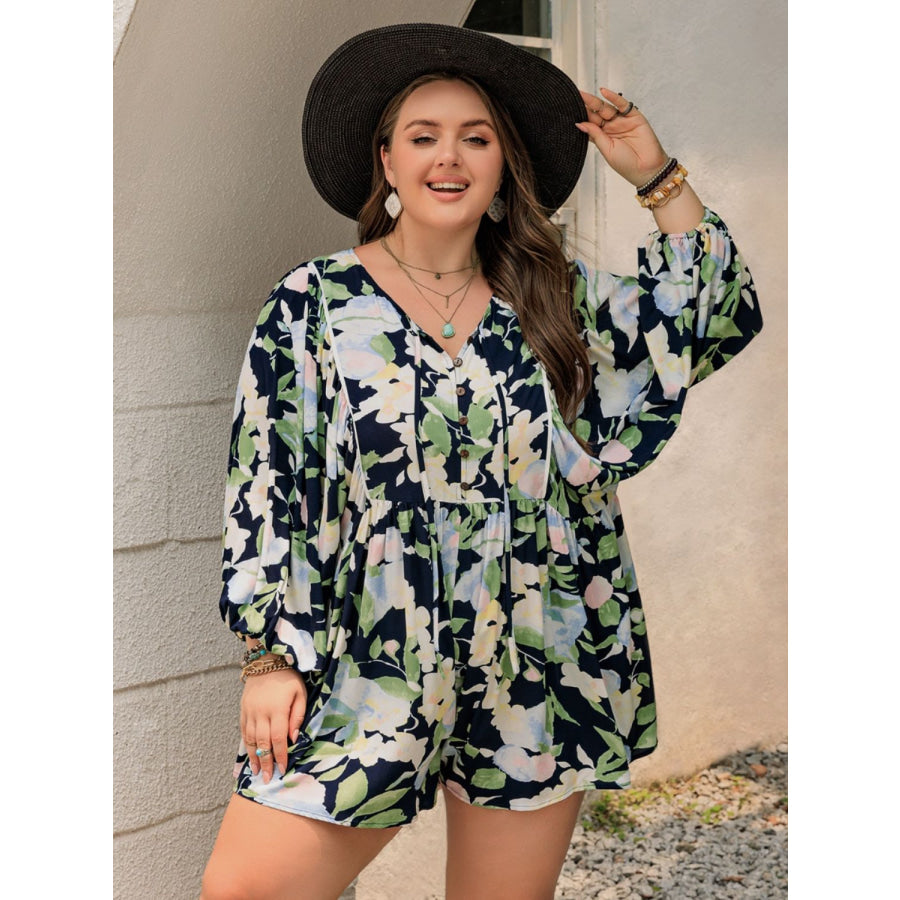Plus Size Tied Printed Long Sleeve Romper Apparel and Accessories