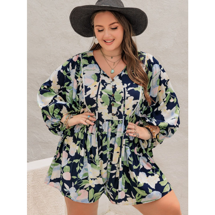 Plus Size Tied Printed Long Sleeve Romper Apparel and Accessories